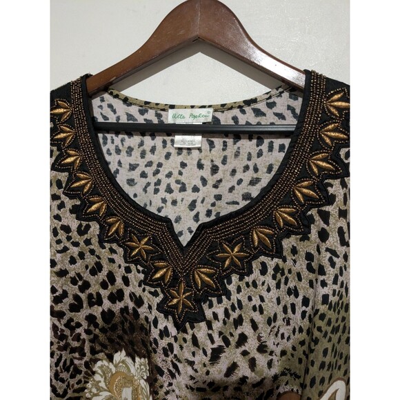 Ulla Popken Cotton Top 28 /30 Notch Neck Beaded Emb Leopard 3/4 Sleeve B64 - Picture 3 of 5